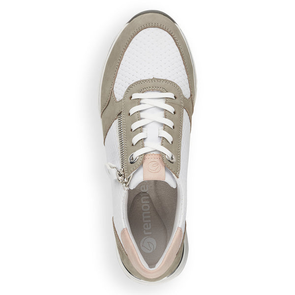 Remonte R6706-80 Ladies White And Khaki Leather Zip & Lace Trainers