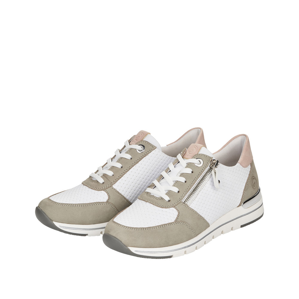 Remonte R6706-80 Ladies White And Khaki Leather Zip & Lace Trainers