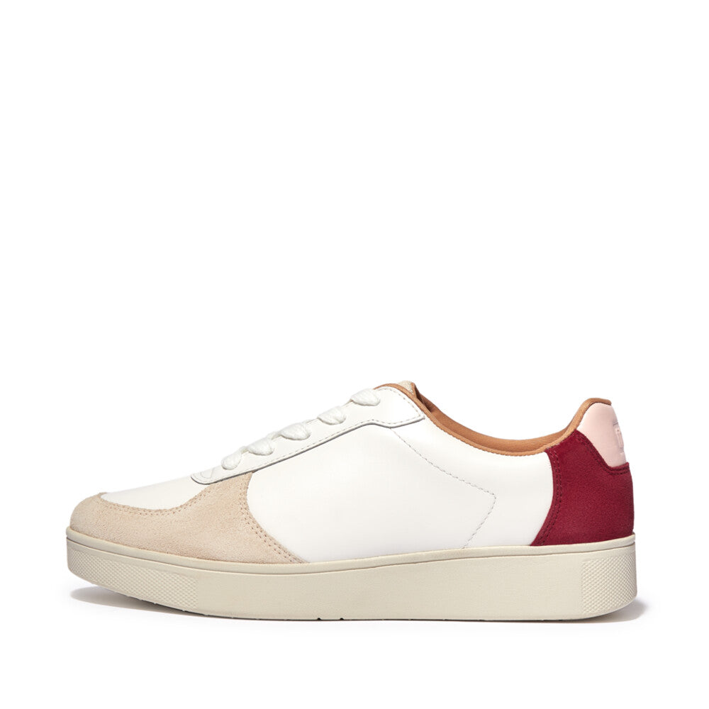 FitFlop FQ1-A59 Rally Leather And Suede Panel Ladies White & Rich Red Leather & Suede Arch Support Lace Up Trainers