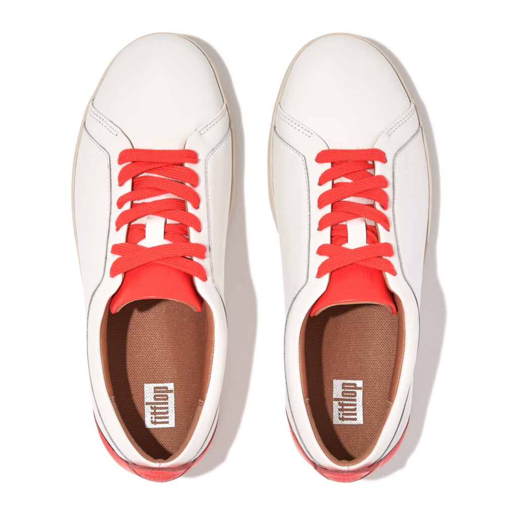 FitFlop FV9-A56 Rally Neon-Pop Ladies White & Orange Leather Arch Support Lace Up Trainers