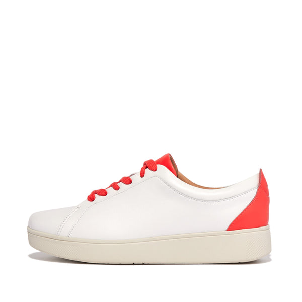 FitFlop FV9-A56 Rally Neon-Pop Ladies White & Orange Leather Arch Support Lace Up Trainers