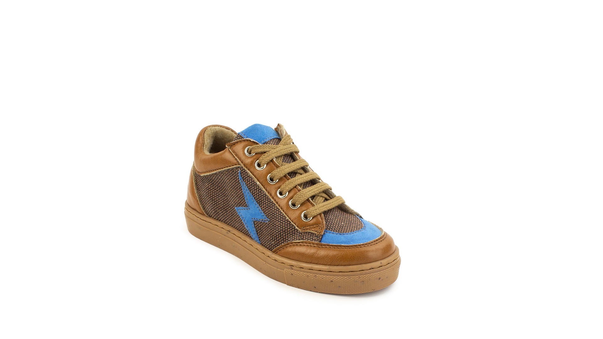 Petasil Rafael 6128 Boys Tan And Blue Zip And Lace Trainers