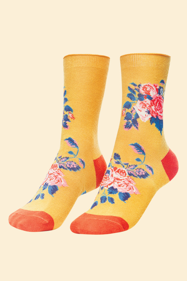 Powder Floral Vines Ankle Socks - Mustard