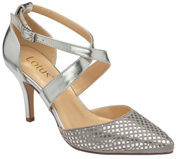 Lotus Sophia Ladies Silver/Diamante Textile  Heels