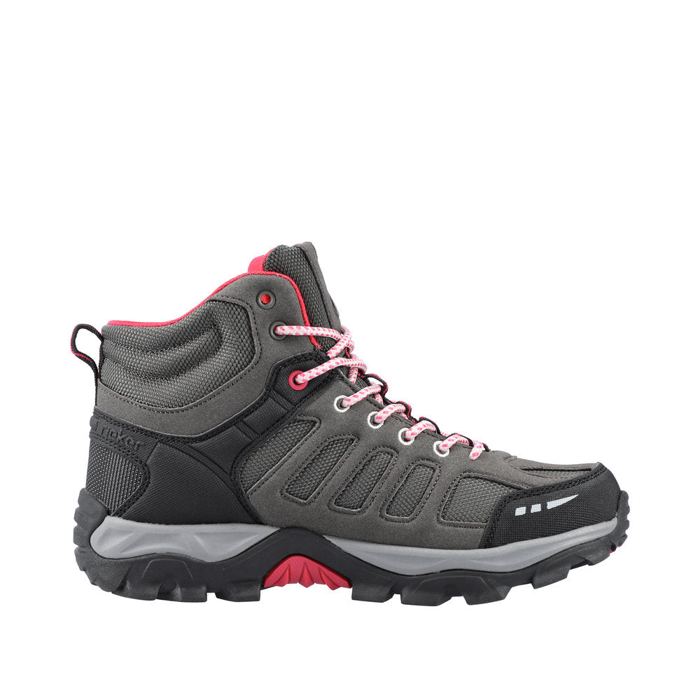 Rieker X8820-01 Ladies Grey, Black and Pink Synthetic Water Resistant Lace Up Ankle Boots
