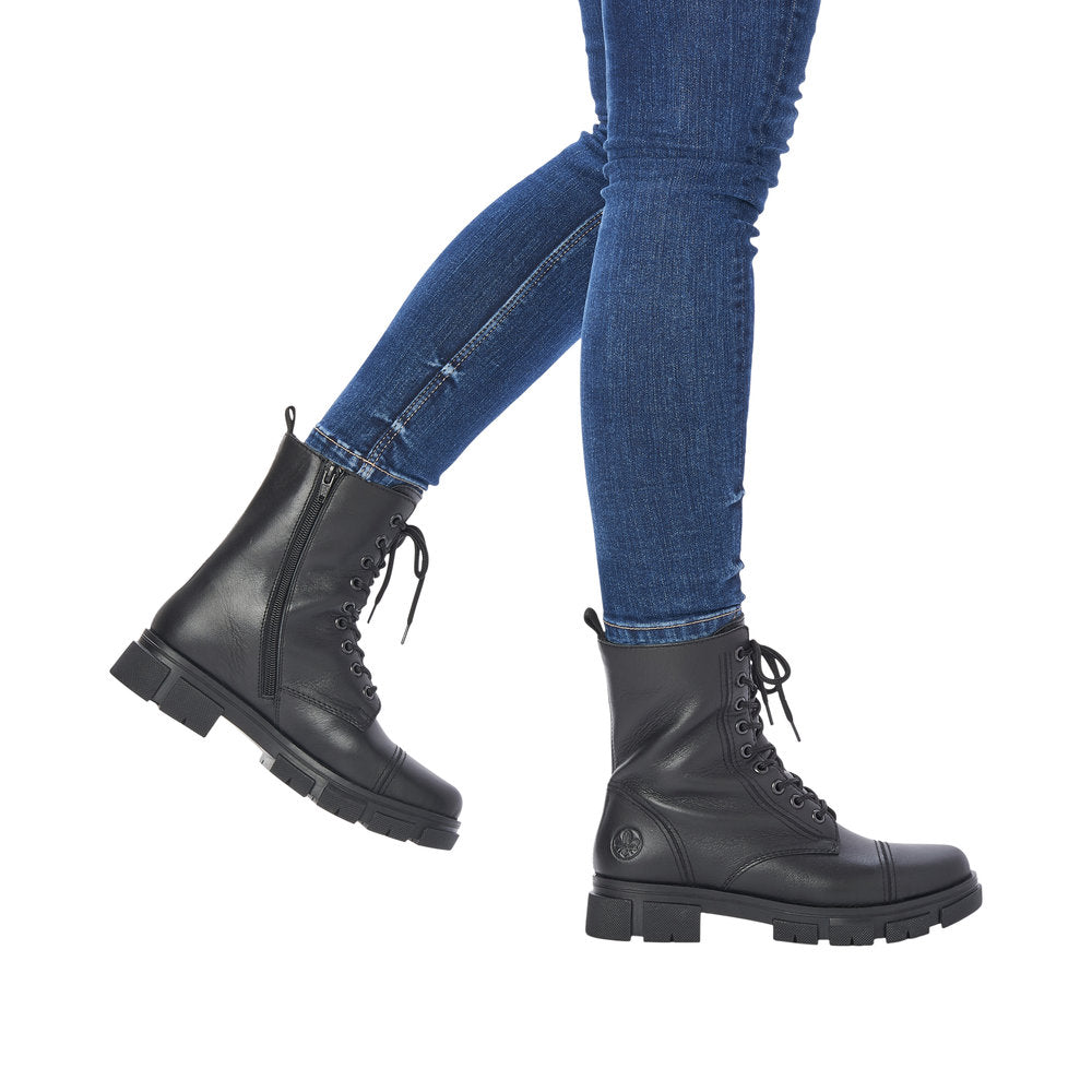 Rieker Y7101-00 Ladies Black Leather Zip & Lace Ankle Boots
