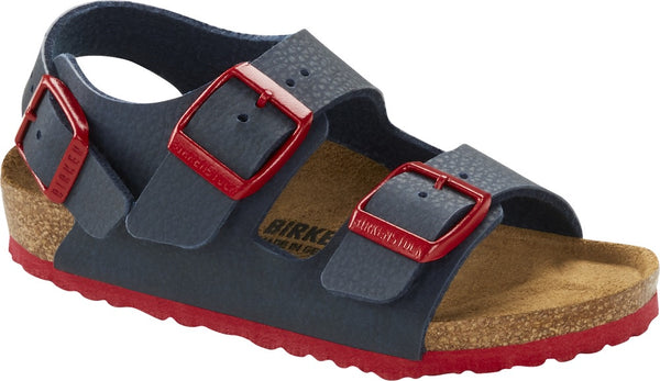 Birkenstock 1017368 Milano Kids BF Narrow Desert Soil Blue Red Buckle Sandals