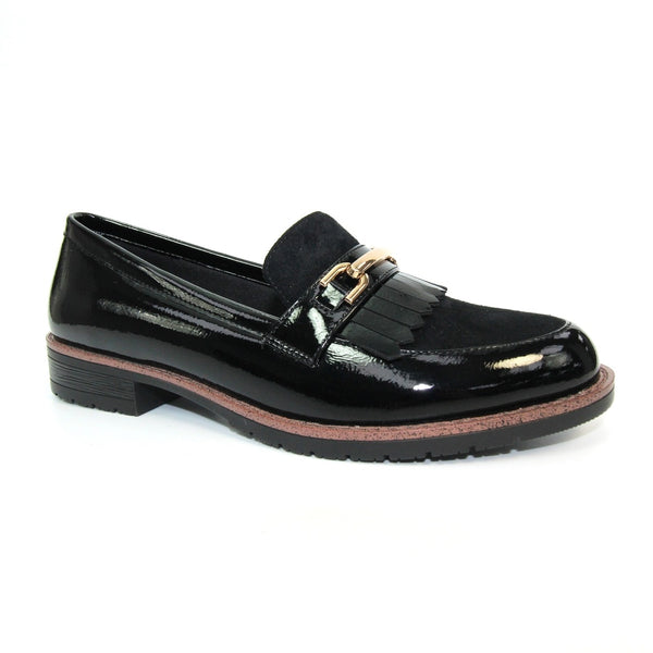Lunar Ancora FLC248 Ladies Black Patent Fringe Loafer Shoes