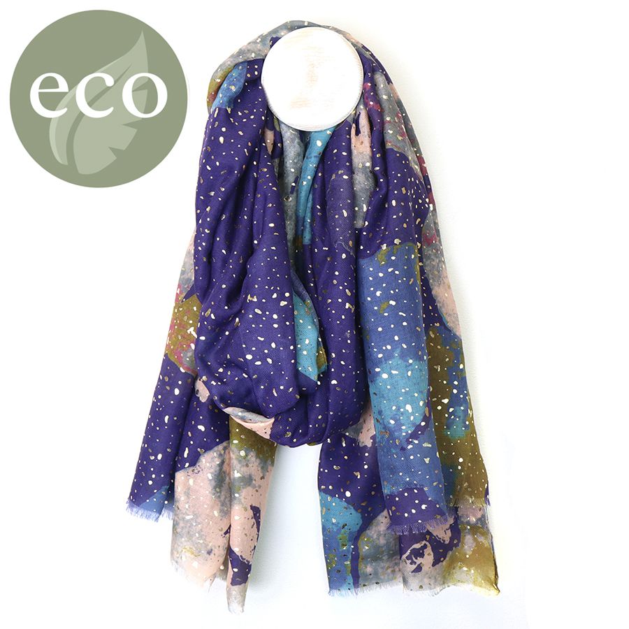 Pom Blue Mix Recycled Polyester Watercolour Floral And Foil Print Scarf