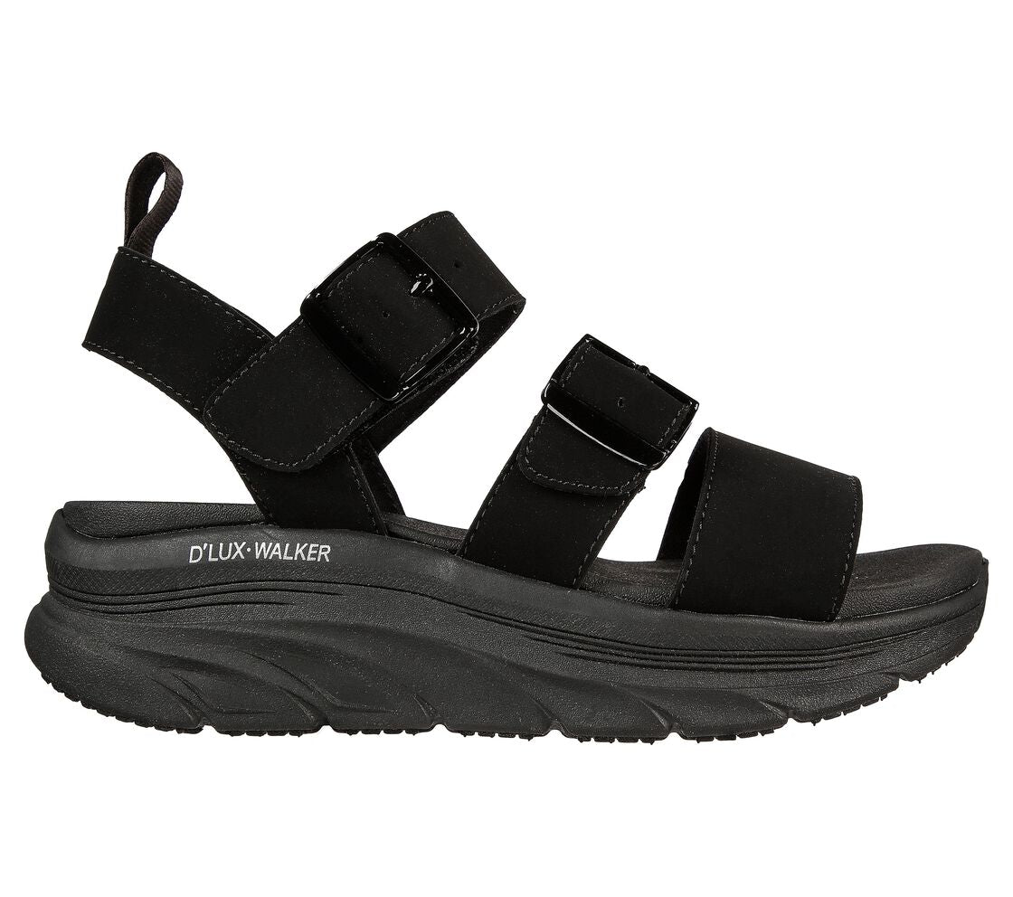Skechers 119234 D’Lux Walker Retro Cosmos Ladies Black Textile Vegan Buckle Fastening Sandals