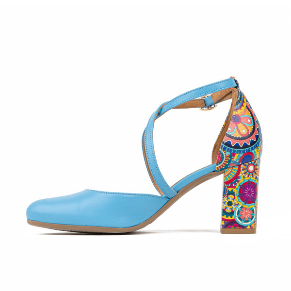 Embassy London Kylie Ladies Light Blue And Signature Print Leather Buckle Heels
