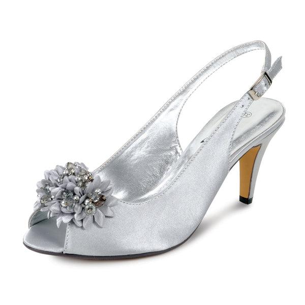 Lunar Sabrina FLR081 Ladies Silver Grey Satin Slingback Heels