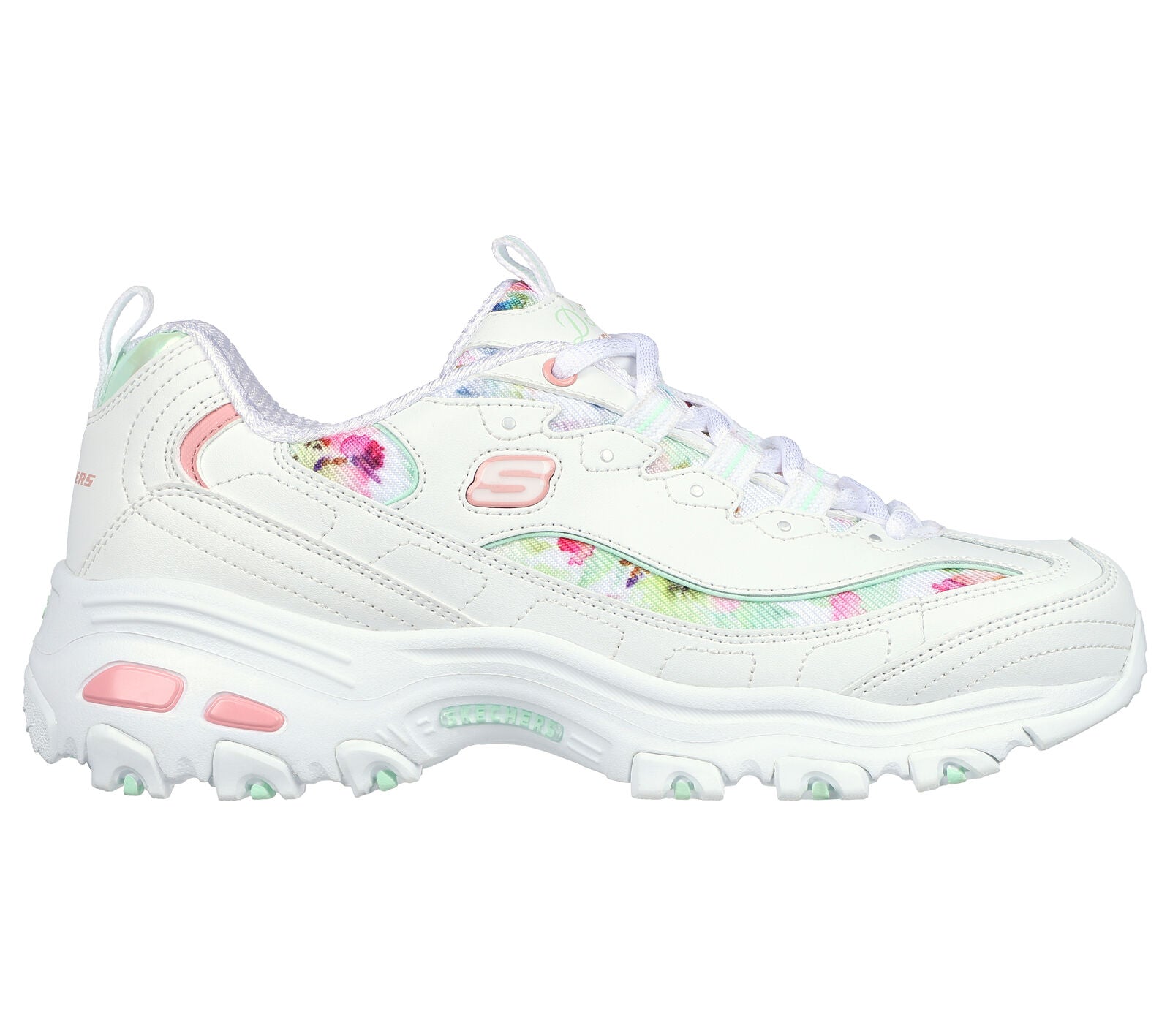 Skechers 149794 D’Lites Blooming Fields Ladies White Multi Leather & Textile Lace Up Trainers