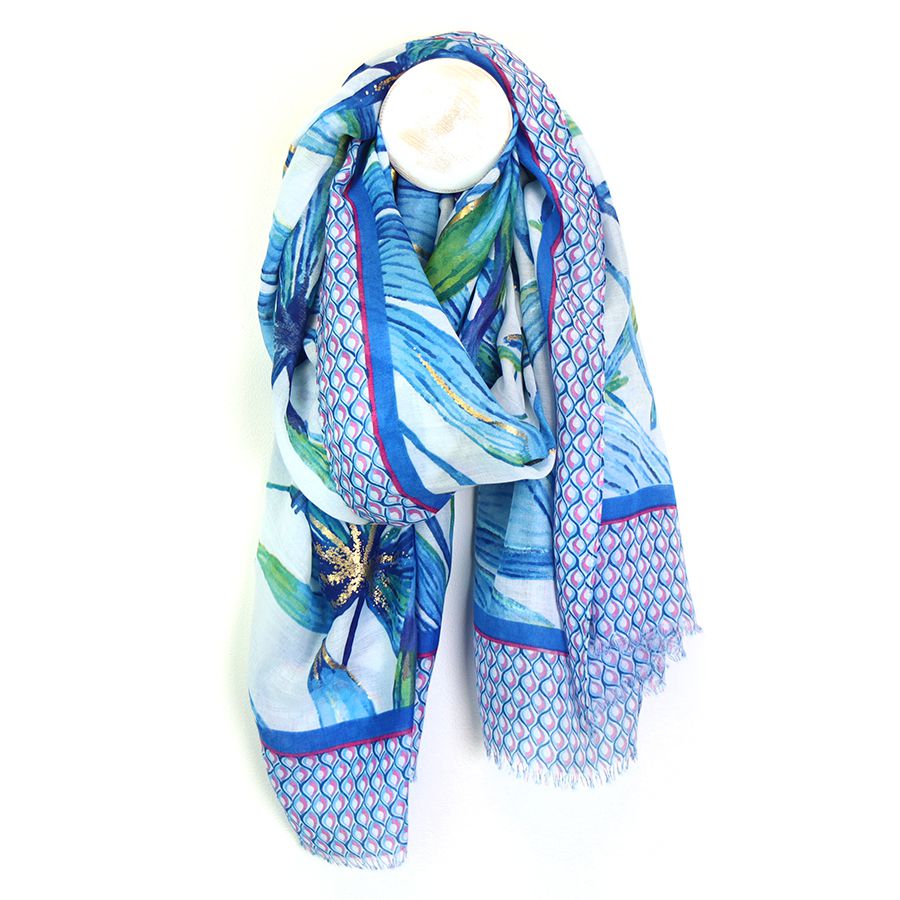 Pom Bright Blue Mix Tropical Flower Scarf With Spot Border And Foil Detail