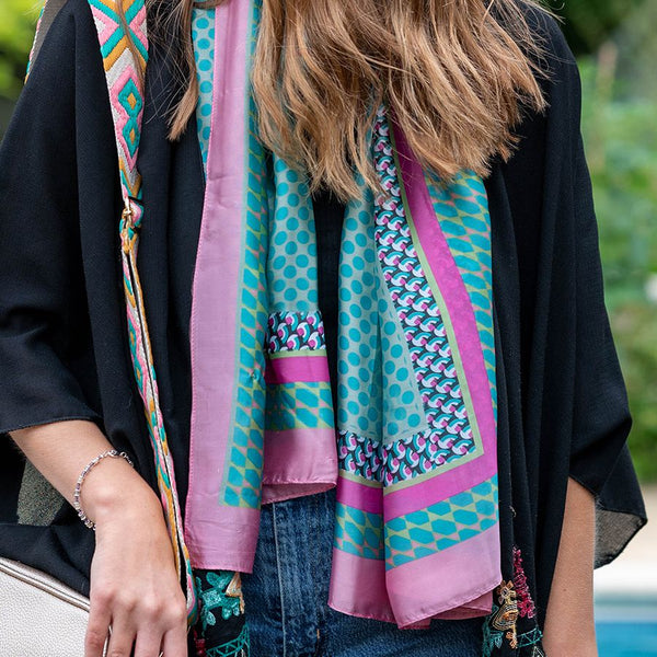 Pom Silky Jade And Teal Mixed Spot Scarf With Raspberry And Blush Borders