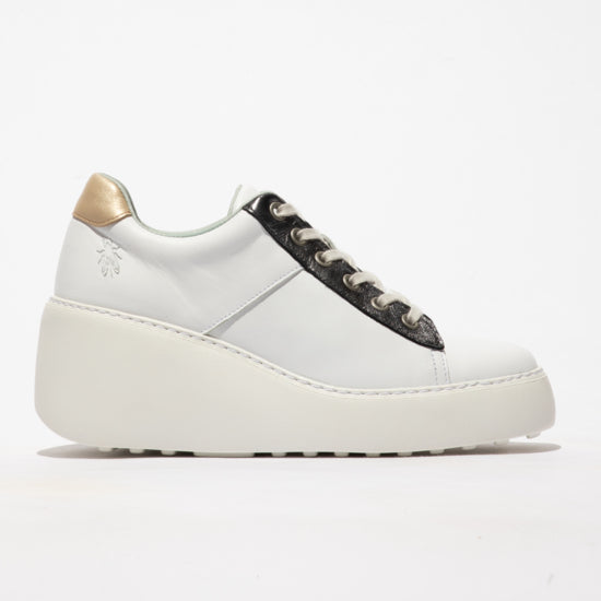Fly Delf 580 Ladies White, Graphite And Gold Leather Lace Up Shoes