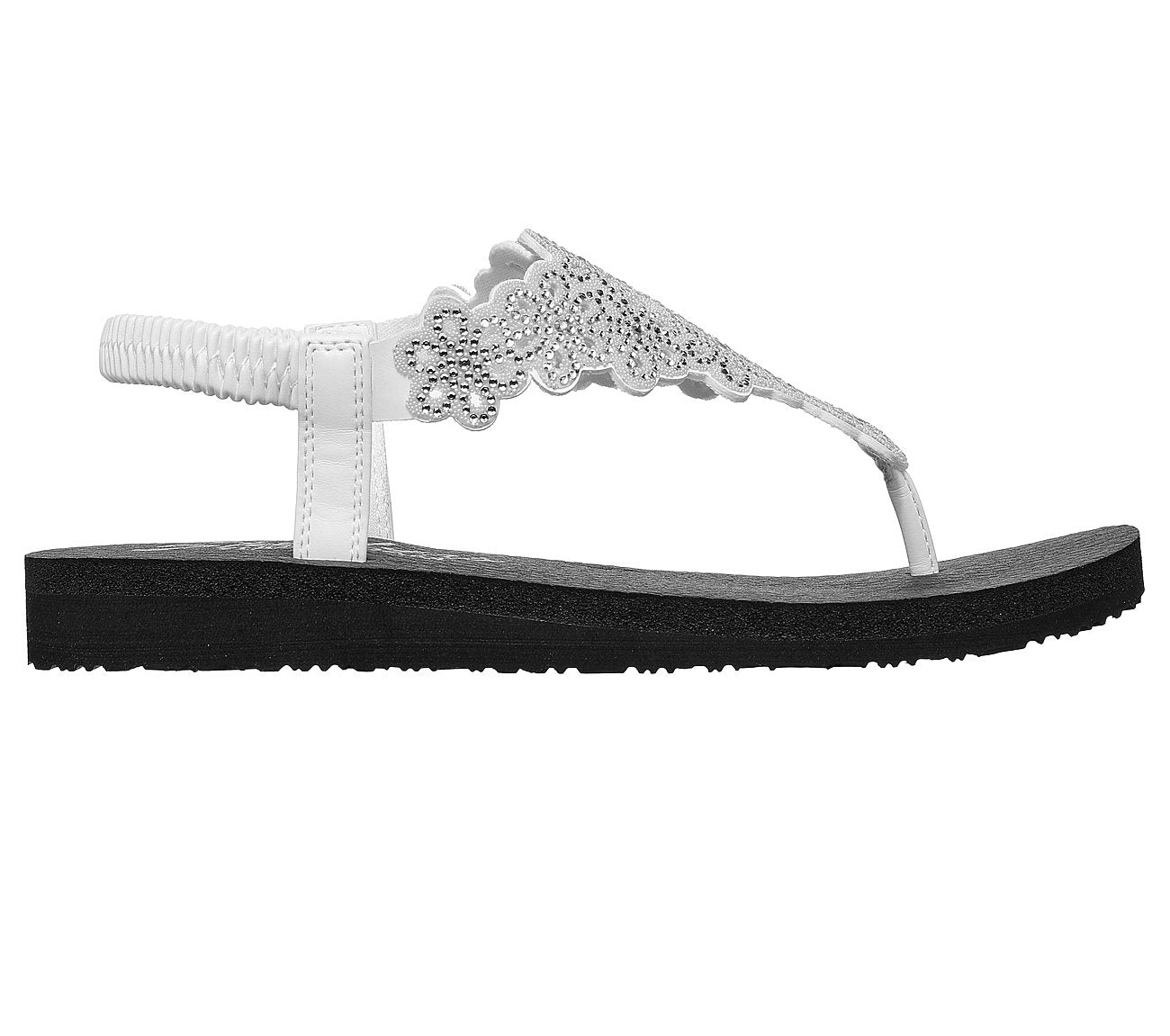 Skechers 119138 Meditation Floral Lover Ladies White/Silver Textile Vegan Pull On Sandals