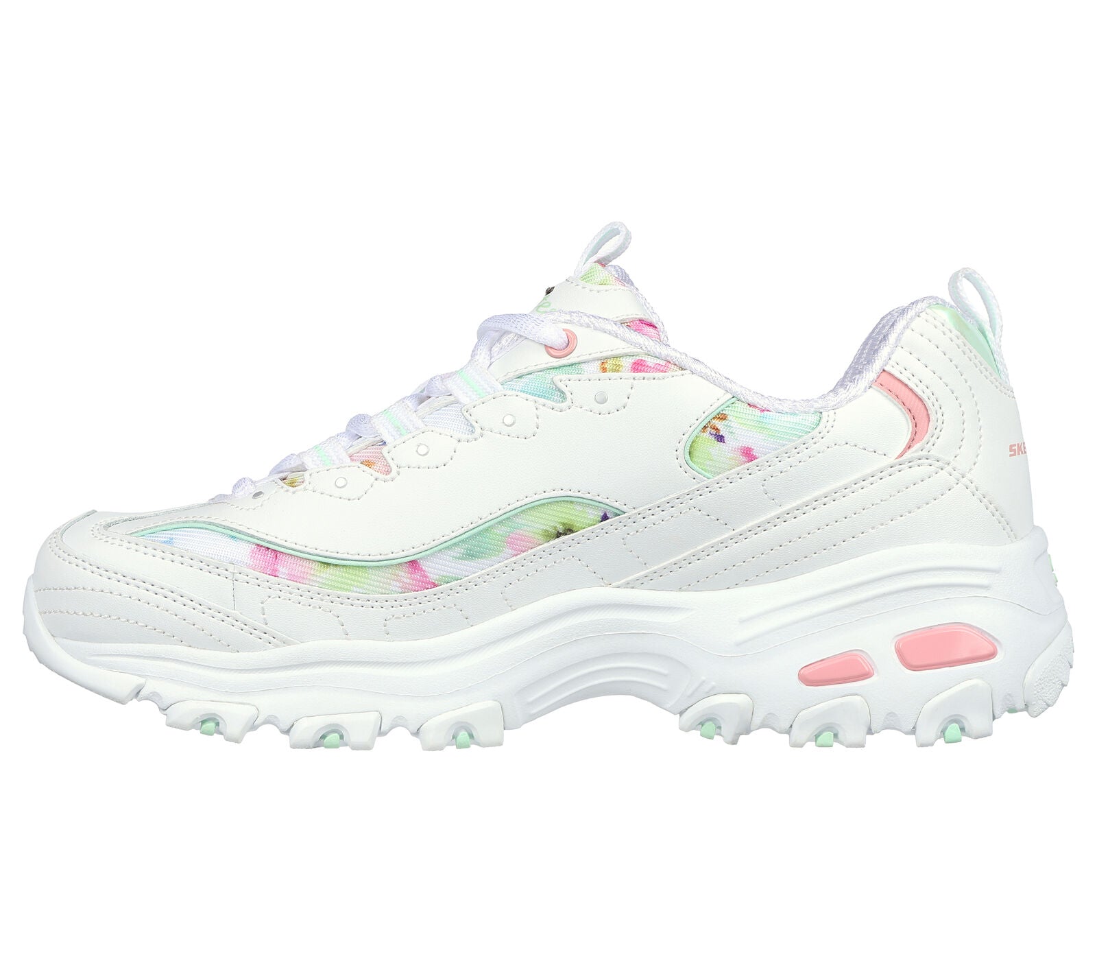 Skechers 149794 D’Lites Blooming Fields Ladies White Multi Leather & Textile Lace Up Trainers
