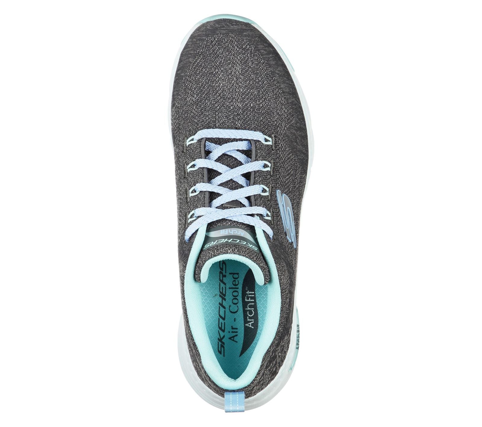 Skechers 149414 Arch Fit Comfy Wave Ladies Charcoal And Turquoise Textile Arch Support Lace Up Trainers