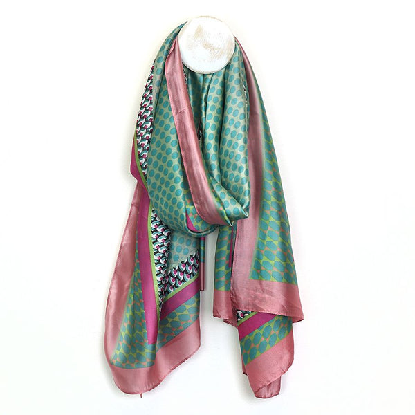 Pom Silky Jade And Teal Mixed Spot Scarf With Raspberry And Blush Borders