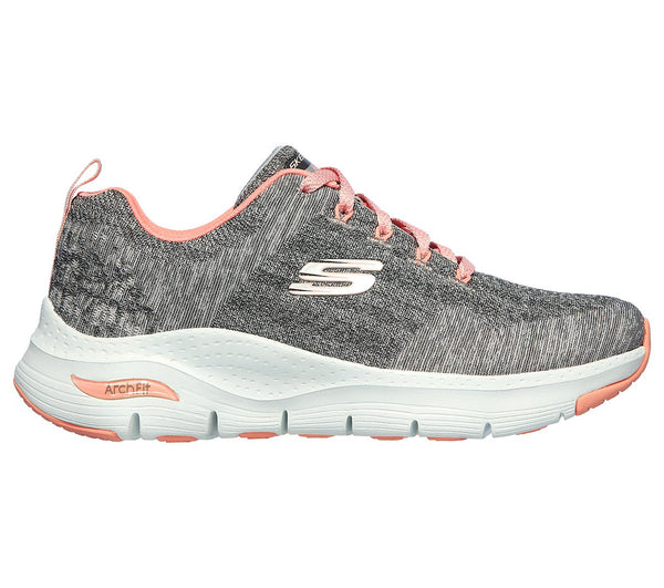 Skechers 149414 Arch Fit Comfy Wave Ladies Grey and Pink Textile Arch Support Lace Up Trainers