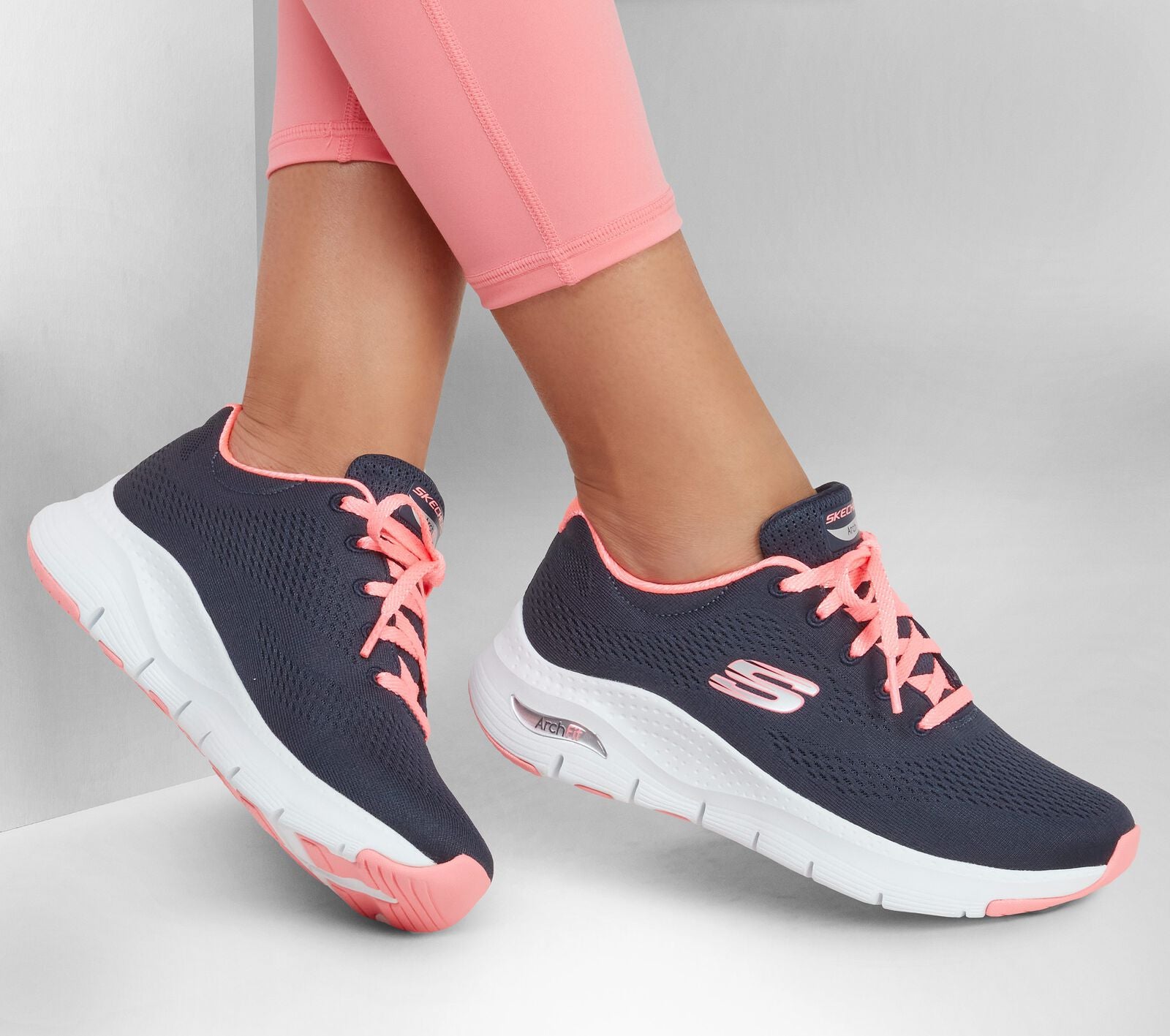 Skechers 149057 Arch Fit Big Appeal Ladies Navy And Coral Textile Arch Support Lace Up Trainers
