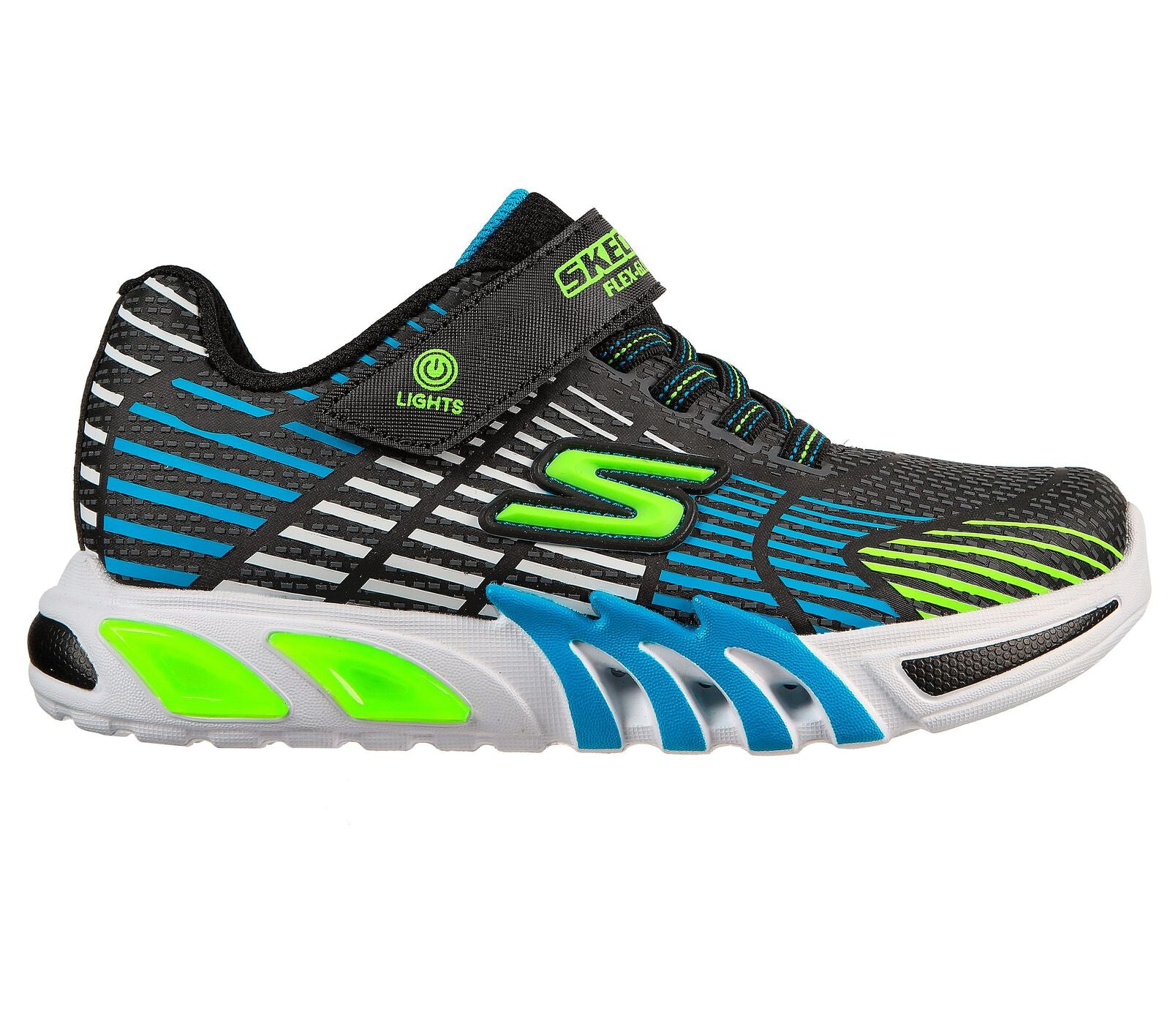 Skechers 400135L S Lights Flex Glow Elite Boys Black, Blue And Lime Green Textile Touch Fastening Trainers