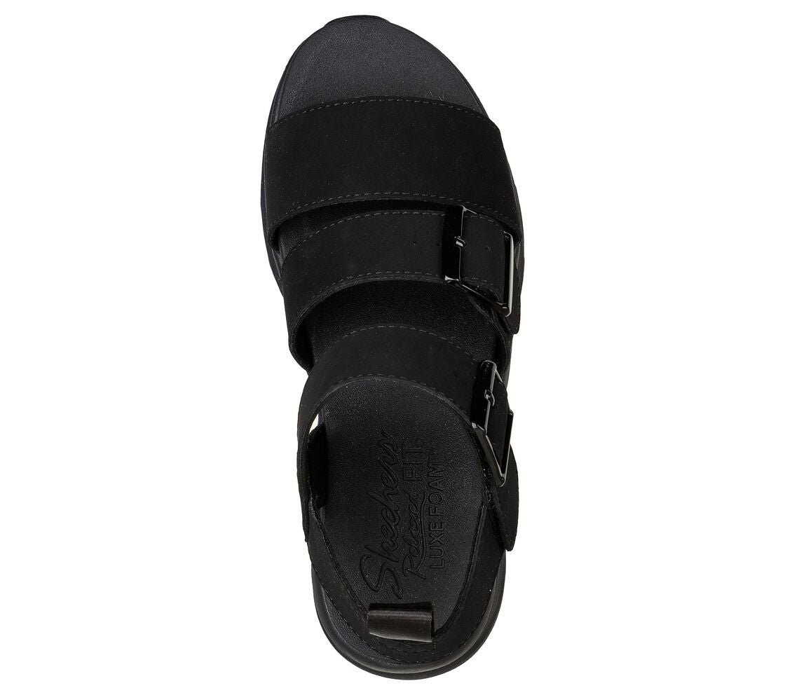 Skechers 119234 D’Lux Walker Retro Cosmos Ladies Black Textile Vegan Buckle Fastening Sandals