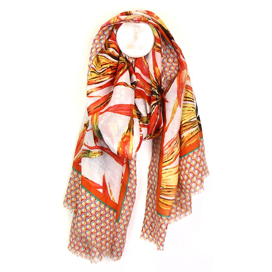 Pom Burnt Orange Mix Tropical Flower Scarf With Spot Border And Foil Detail