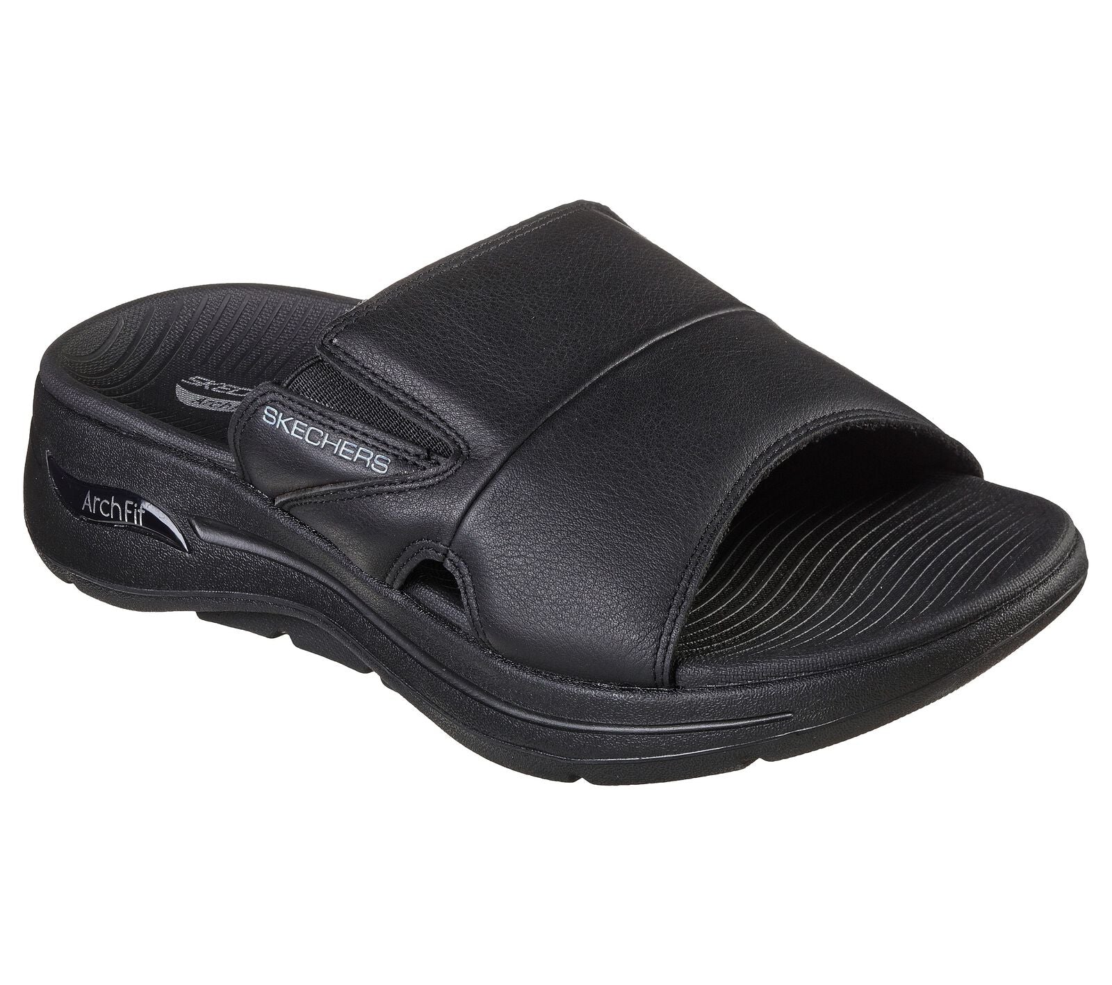 Skechers 229023 Go Walk Arch Fit Ultra Span Mens Black Leather Arch Support Slider Beach & Pool Shoes