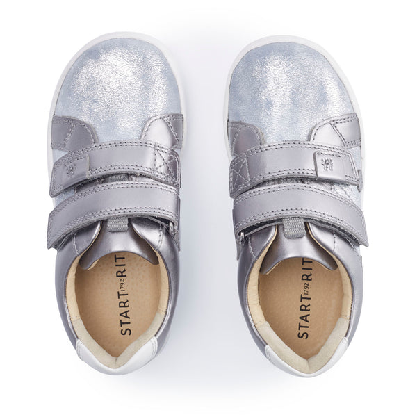 StartRite Fantasy 1741_2 Girls Pale Blue Glitter And Gunmetal Leather Touch Fastening Trainers