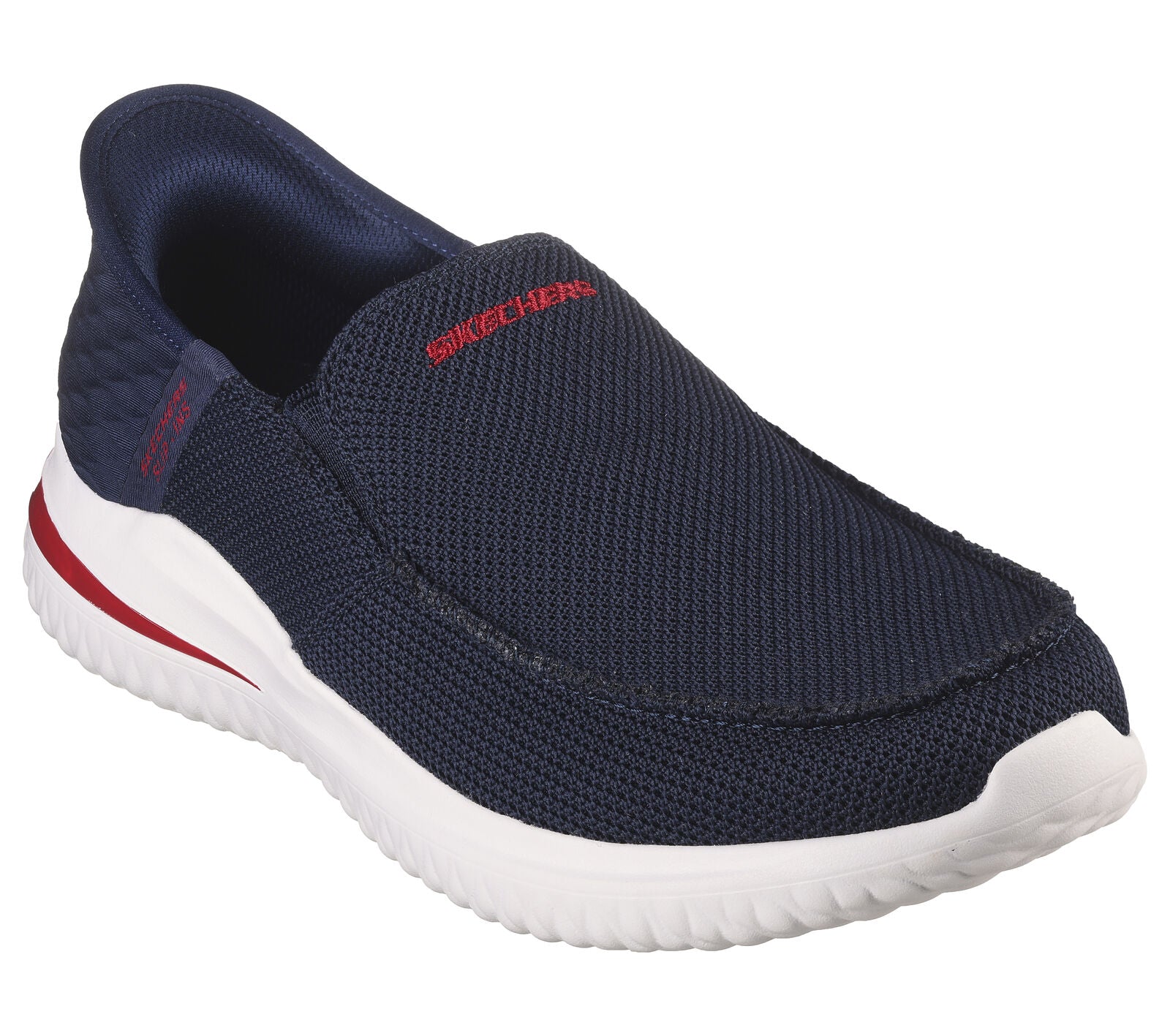 Skechers 210604 Delson 3.0 Cabrino Mens Navy Blue Textile Vegan Arch Support Slip On Trainers